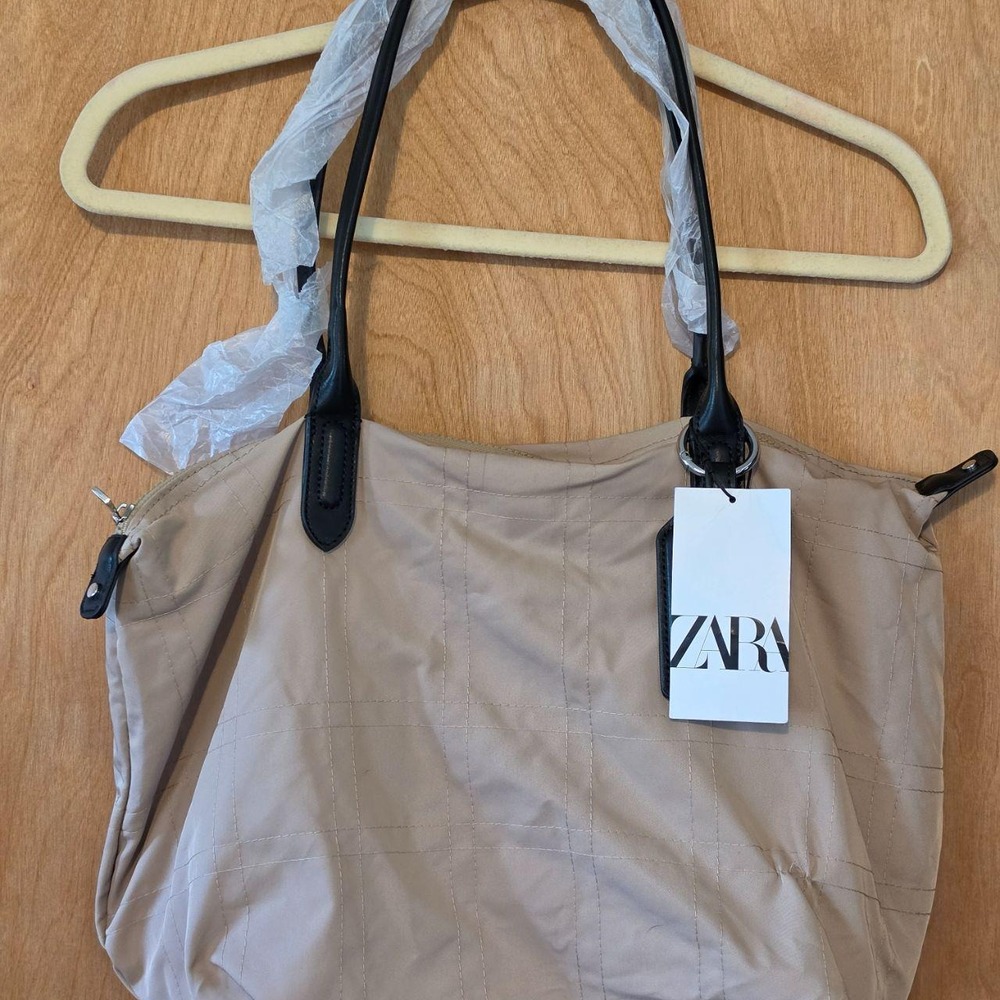 Zara Nylon Grid Topstitching Tote Bag Beige Tan Black Handles NWT